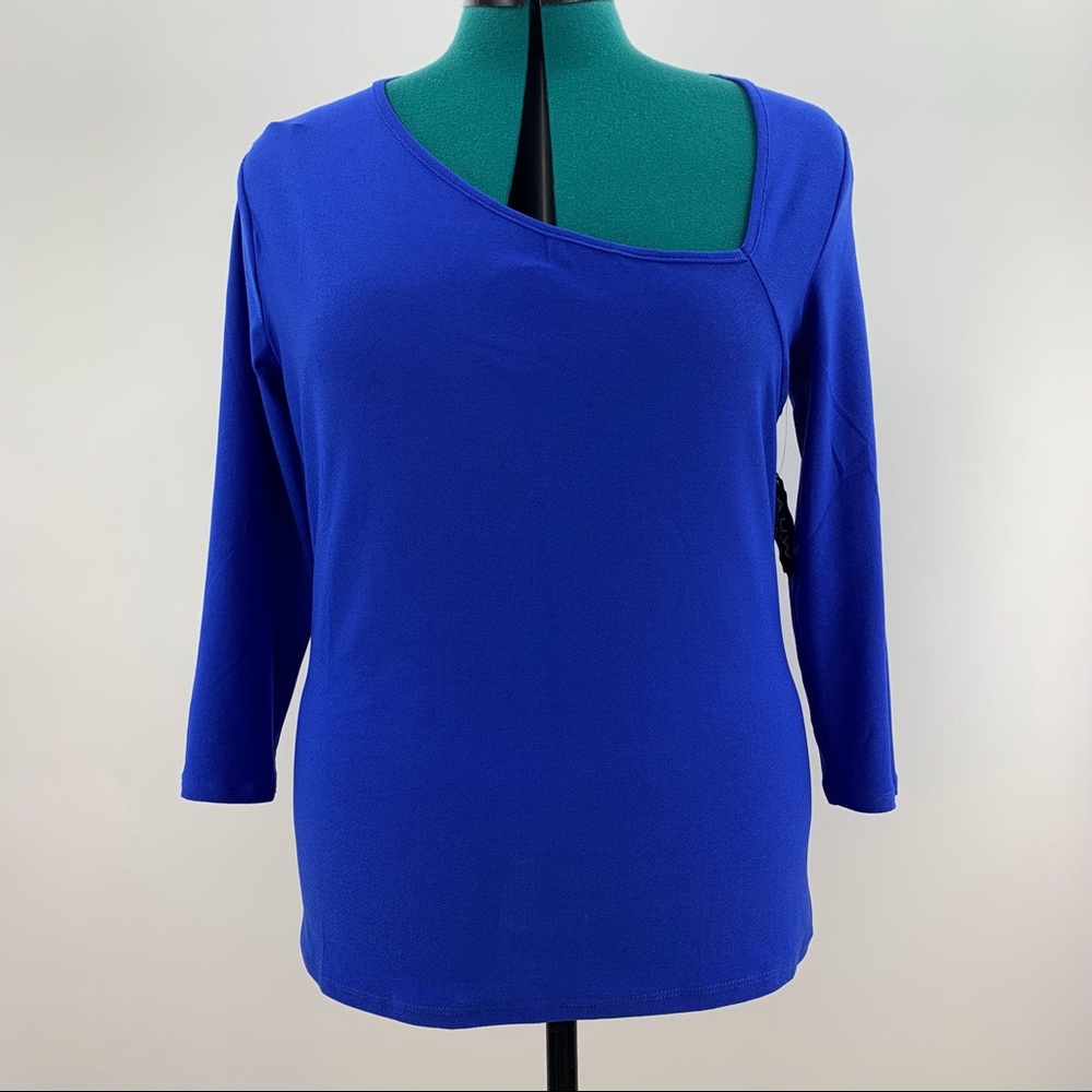 AUW NWT Blue Asymmetrical Neck 3/4 sleeve Top, Medium